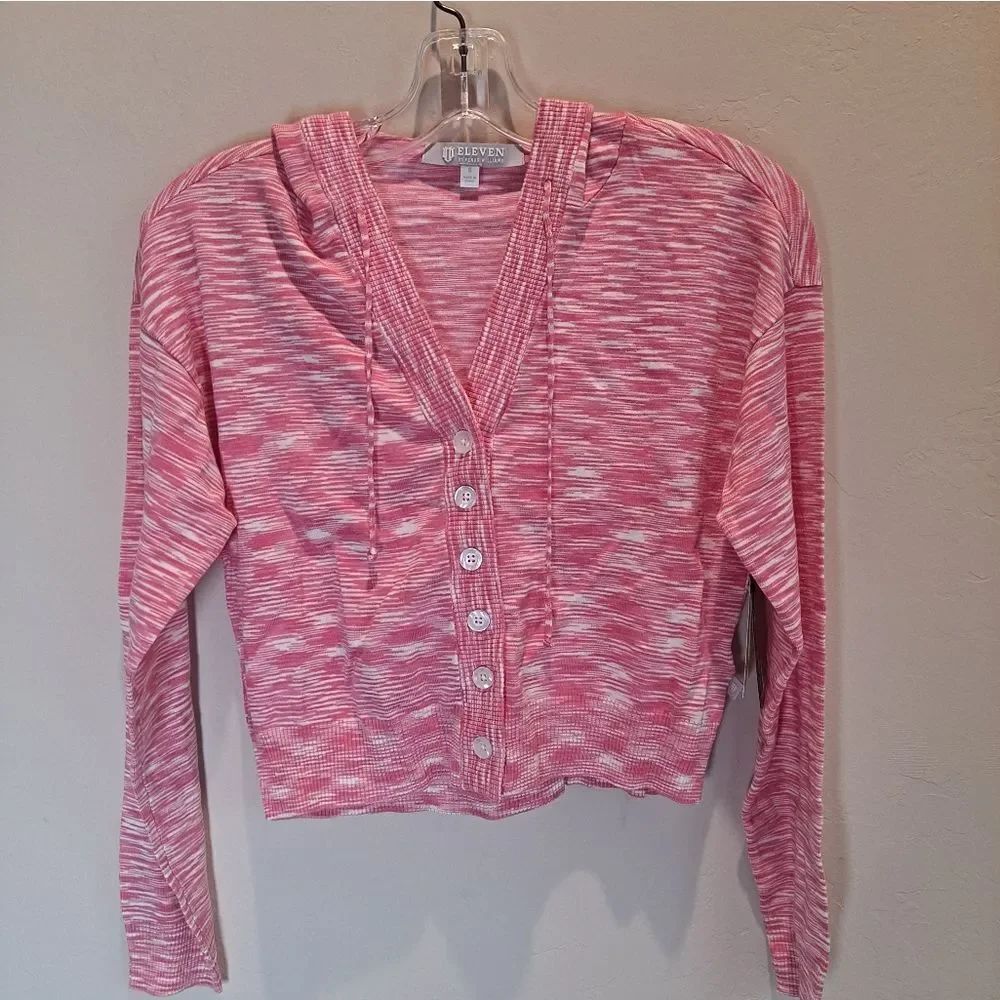 Eleven by Venus Williams Love Buzz Pink  Cropped Hooded Knit Cardigan NWT XS
